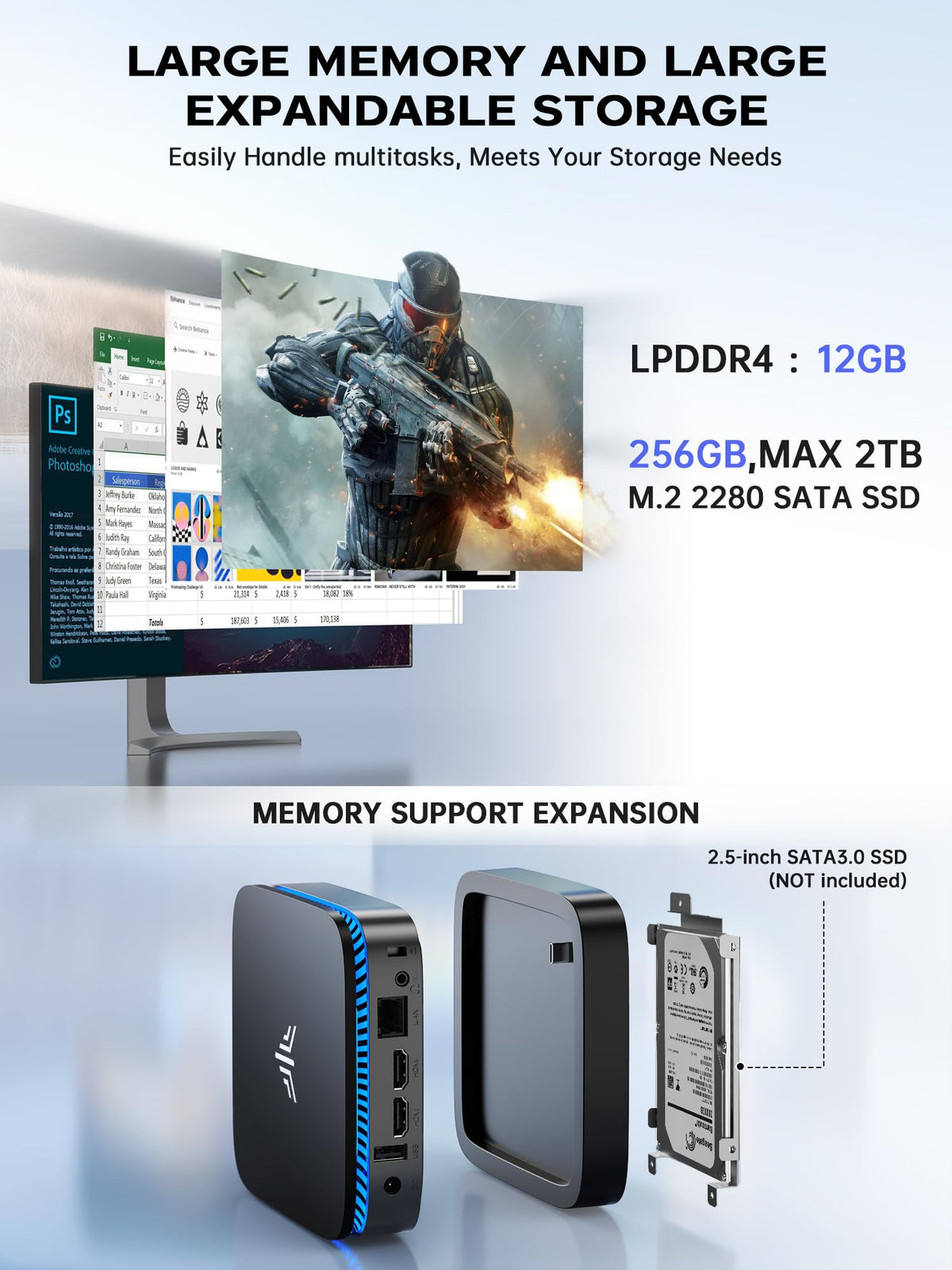 ACEMAGICIAN Mini PC Intel N5030 (bis zu 3,1 GHz) 12GB RAM 256GB SSD