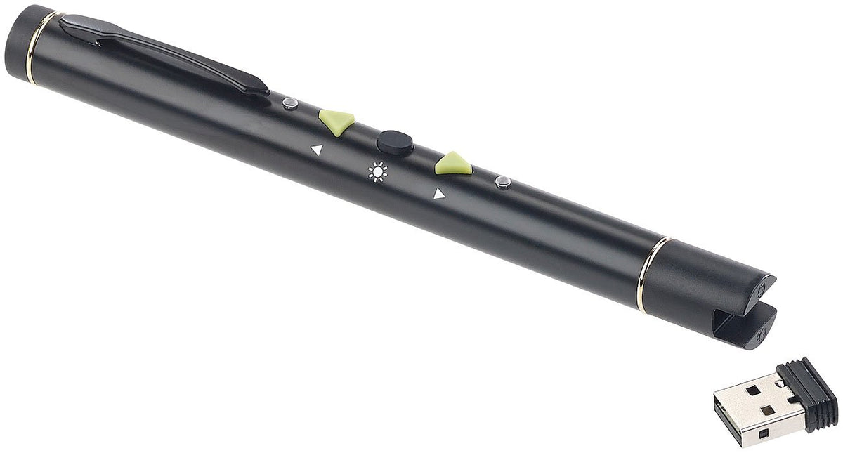 Laserpointer grün: Multimedia-Presenter mit grünem Laser-Pointer, Akku, 2,4-GHz-Funk (Laserpointer stark, PC Fernbedienung, läserpointer)