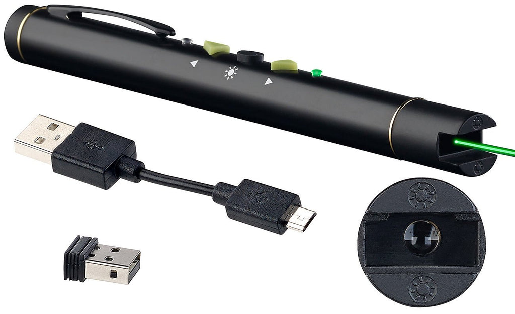 Laserpointer grün: Multimedia-Presenter mit grünem Laser-Pointer, Akku, 2,4-GHz-Funk (Laserpointer stark, PC Fernbedienung, läserpointer)