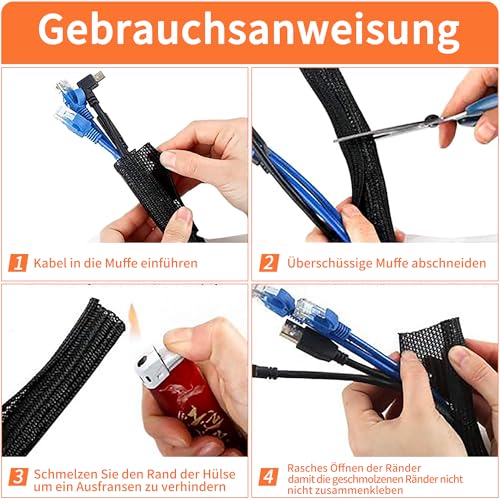 Taiyeestar 5m Kabelschlauch Schwarz, 5-10mm Kabelschutzschlauch, Kabel Verstecken, Kabelkanal Flexibel Gewebeschlauch, Kabelschlauch Selbstschließend für Schreibtisch, TV, Computer