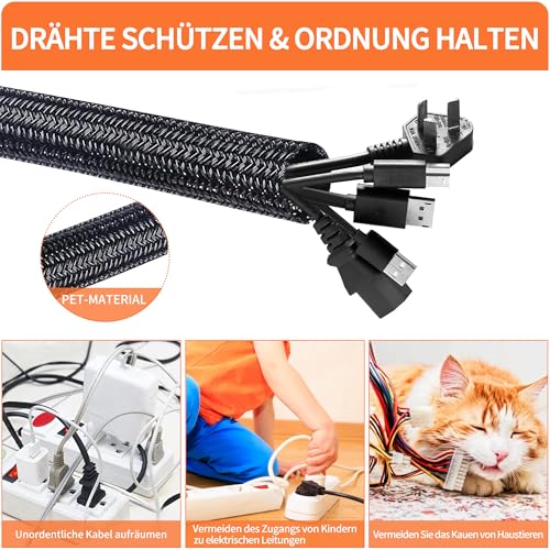 Taiyeestar 5m Kabelschlauch Schwarz, 5-10mm Kabelschutzschlauch, Kabel Verstecken, Kabelkanal Flexibel Gewebeschlauch, Kabelschlauch Selbstschließend für Schreibtisch, TV, Computer