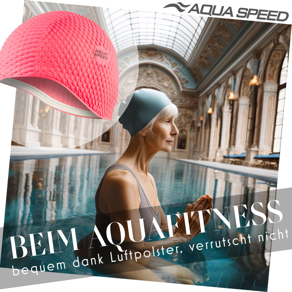 Aqua Speed Badekappe | Damen | Bademütze Aqua Fitness | auch für Lange Haare | Latex Bombastic & Tic TOC