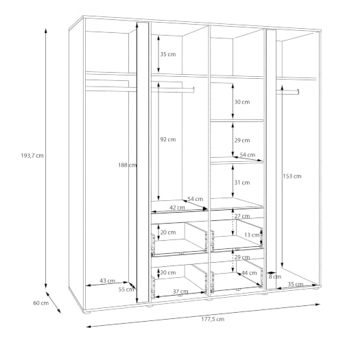 Forte LISSON Kleiderschrank 180, modern-minimalistischer Schrank, 4-türig, Spiegel, Kleiderstangen, Einlegeböden, Holzwerkstoff, Mauvella Eiche Holzdekor, 177,5 cm breit x 193,7 cm hoch x 60 cm tief