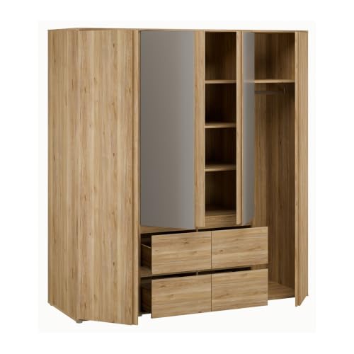 Forte LISSON Kleiderschrank 180, modern-minimalistischer Schrank, 4-türig, Spiegel, Kleiderstangen, Einlegeböden, Holzwerkstoff, Mauvella Eiche Holzdekor, 177,5 cm breit x 193,7 cm hoch x 60 cm tief