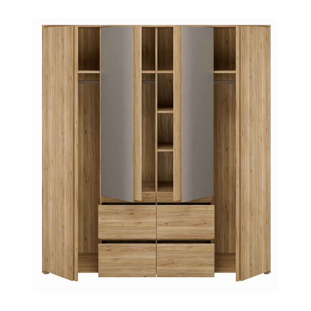 Forte LISSON Kleiderschrank 180, modern-minimalistischer Schrank, 4-türig, Spiegel, Kleiderstangen, Einlegeböden, Holzwerkstoff, Mauvella Eiche Holzdekor, 177,5 cm breit x 193,7 cm hoch x 60 cm tief
