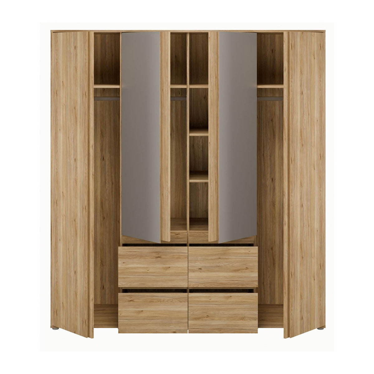 Forte LISSON Kleiderschrank 180, modern-minimalistischer Schrank, 4-türig, Spiegel, Kleiderstangen, Einlegeböden, Holzwerkstoff, Mauvella Eiche Holzdekor, 177,5 cm breit x 193,7 cm hoch x 60 cm tief