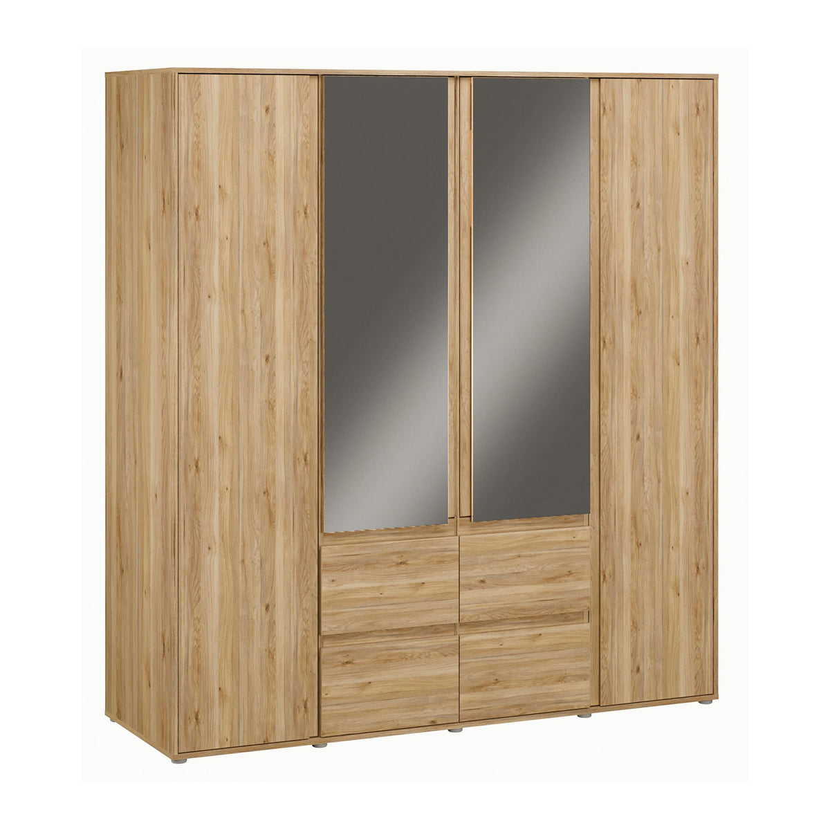 Forte LISSON Kleiderschrank 180, modern-minimalistischer Schrank, 4-türig, Spiegel, Kleiderstangen, Einlegeböden, Holzwerkstoff, Mauvella Eiche Holzdekor, 177,5 cm breit x 193,7 cm hoch x 60 cm tief