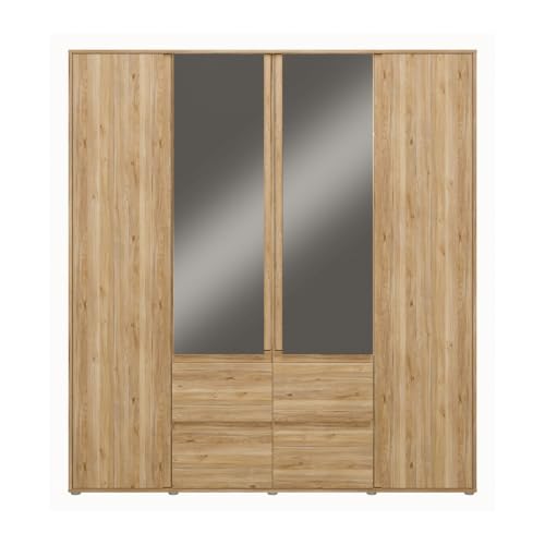 Forte LISSON Kleiderschrank 180, modern-minimalistischer Schrank, 4-türig, Spiegel, Kleiderstangen, Einlegeböden, Holzwerkstoff, Mauvella Eiche Holzdekor, 177,5 cm breit x 193,7 cm hoch x 60 cm tief