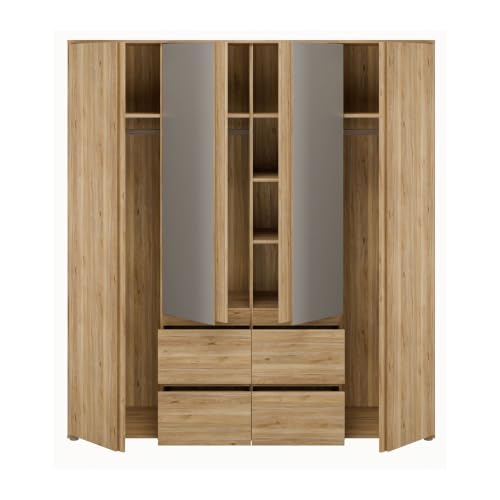 Forte LISSON Kleiderschrank 180, modern-minimalistischer Schrank, 4-türig, Spiegel, Kleiderstangen, Einlegeböden, Holzwerkstoff, Mauvella Eiche Holzdekor, 177,5 cm breit x 193,7 cm hoch x 60 cm tief