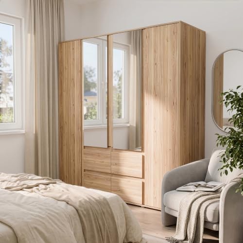 Forte LISSON Kleiderschrank 180, modern-minimalistischer Schrank, 4-türig, Spiegel, Kleiderstangen, Einlegeböden, Holzwerkstoff, Mauvella Eiche Holzdekor, 177,5 cm breit x 193,7 cm hoch x 60 cm tief