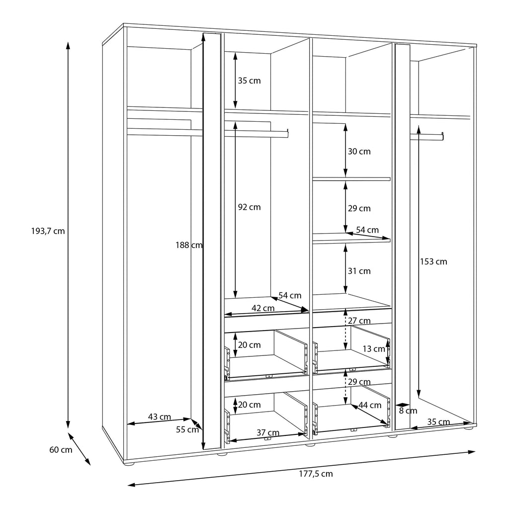 Forte LISSON Kleiderschrank 180, modern-minimalistischer Schrank, 4-türig, Spiegel, Kleiderstangen, Einlegeböden, Holzwerkstoff, Mauvella Eiche Holzdekor, 177,5 cm breit x 193,7 cm hoch x 60 cm tief