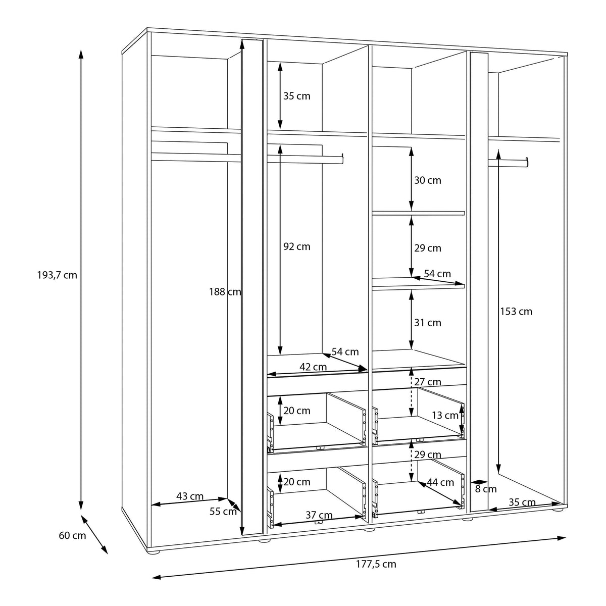 Forte LISSON Kleiderschrank 180, modern-minimalistischer Schrank, 4-türig, Spiegel, Kleiderstangen, Einlegeböden, Holzwerkstoff, Mauvella Eiche Holzdekor, 177,5 cm breit x 193,7 cm hoch x 60 cm tief
