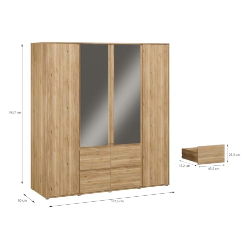 Forte LISSON Kleiderschrank 180, modern-minimalistischer Schrank, 4-türig, Spiegel, Kleiderstangen, Einlegeböden, Holzwerkstoff, Mauvella Eiche Holzdekor, 177,5 cm breit x 193,7 cm hoch x 60 cm tief