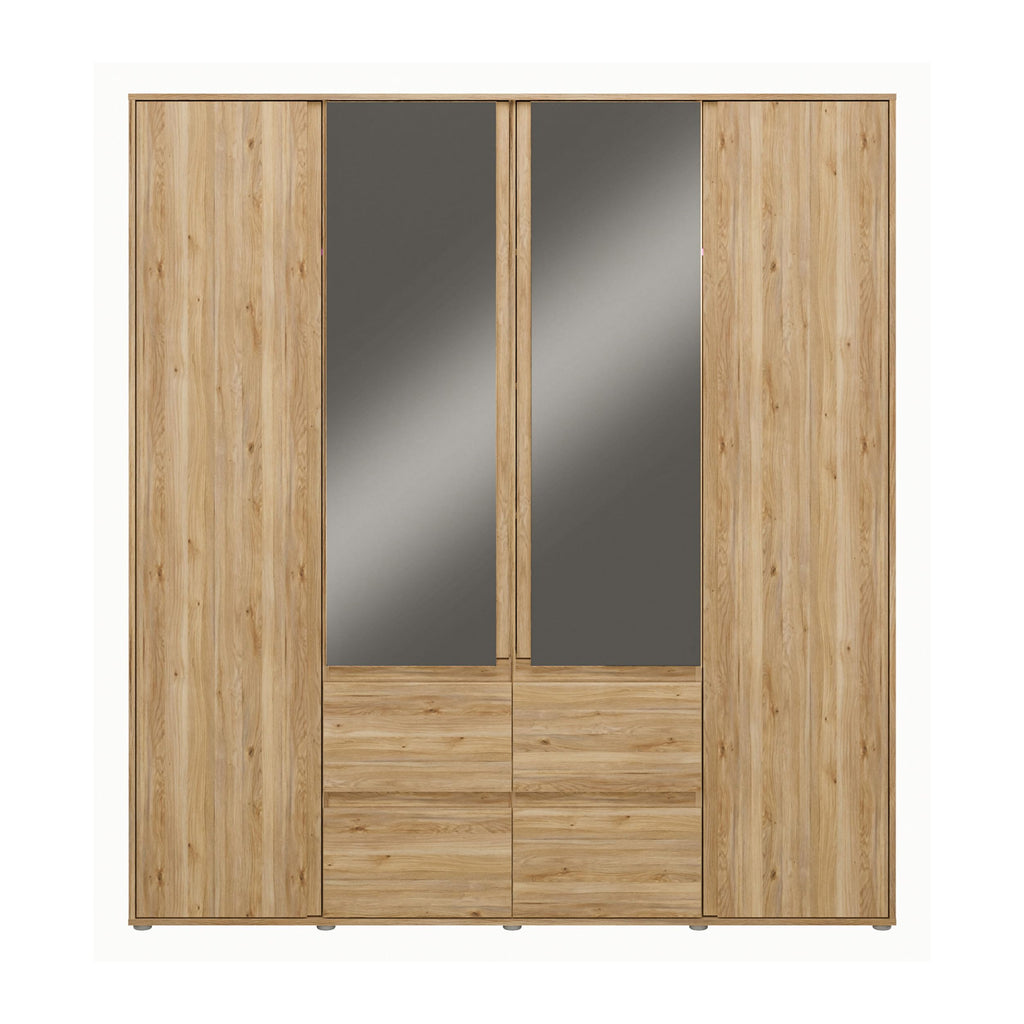 Forte LISSON Kleiderschrank 180, modern-minimalistischer Schrank, 4-türig, Spiegel, Kleiderstangen, Einlegeböden, Holzwerkstoff, Mauvella Eiche Holzdekor, 177,5 cm breit x 193,7 cm hoch x 60 cm tief