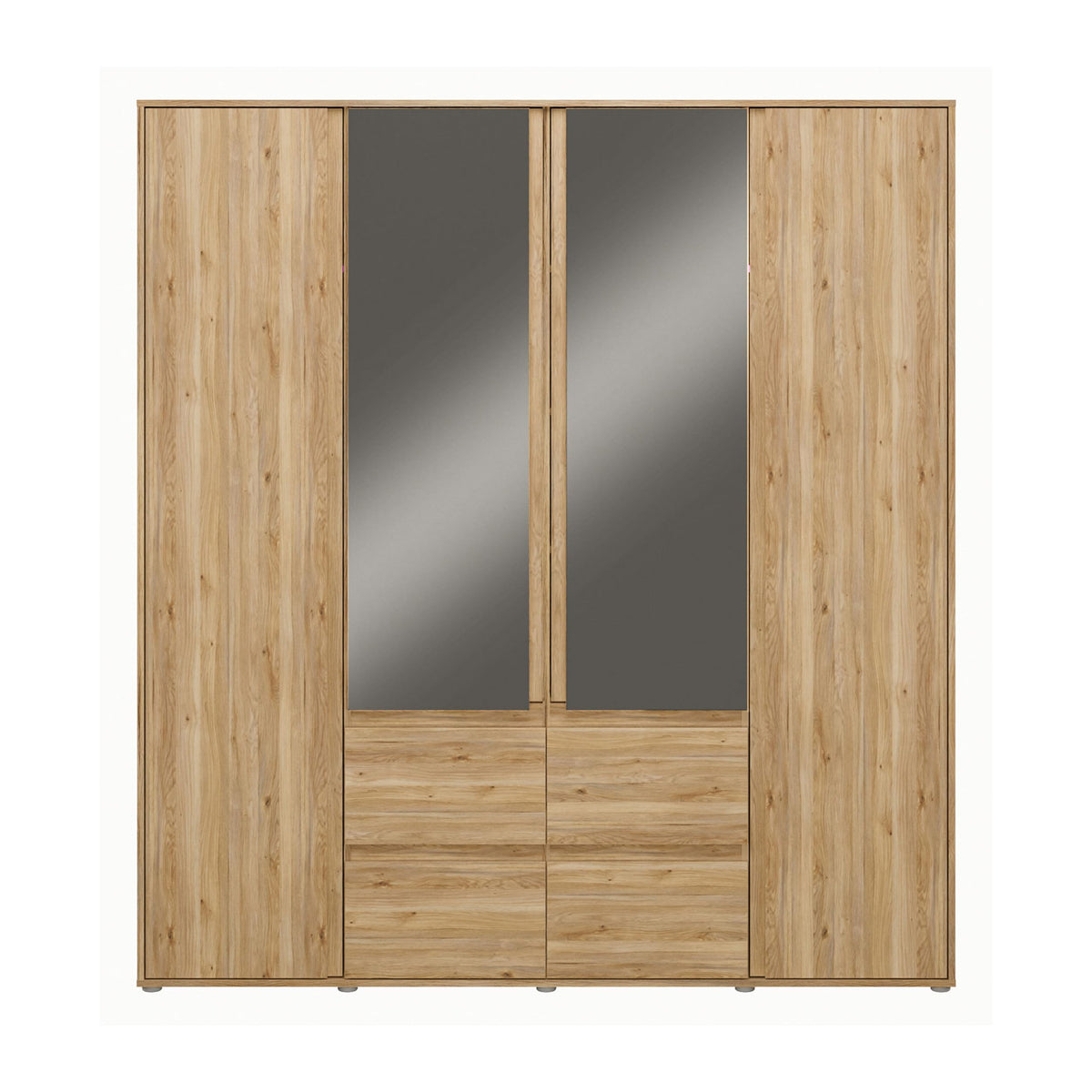 Forte LISSON Kleiderschrank 180, modern-minimalistischer Schrank, 4-türig, Spiegel, Kleiderstangen, Einlegeböden, Holzwerkstoff, Mauvella Eiche Holzdekor, 177,5 cm breit x 193,7 cm hoch x 60 cm tief