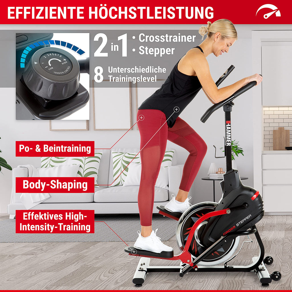 HAMMER Cross Stepper, Mix aus Crosstrainer- und Stepper-Workout, Tablet- und Smartphonehalterung, Fitness-Apps, max. Gewichtsbelastung 130 kg, 108 x 50 x 154 cm