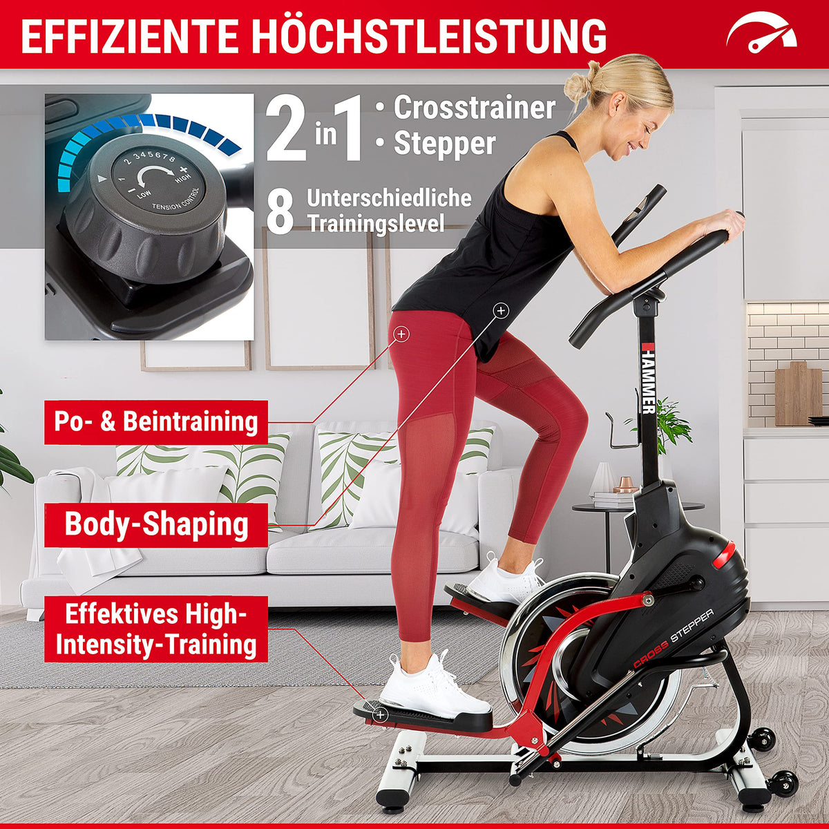 HAMMER Cross Stepper, Mix aus Crosstrainer- und Stepper-Workout, Tablet- und Smartphonehalterung, Fitness-Apps, max. Gewichtsbelastung 130 kg, 108 x 50 x 154 cm