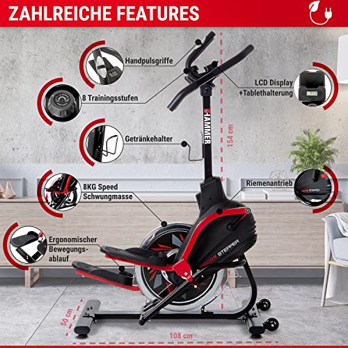 HAMMER Cross Stepper, Mix aus Crosstrainer- und Stepper-Workout, Tablet- und Smartphonehalterung, Fitness-Apps, max. Gewichtsbelastung 130 kg, 108 x 50 x 154 cm