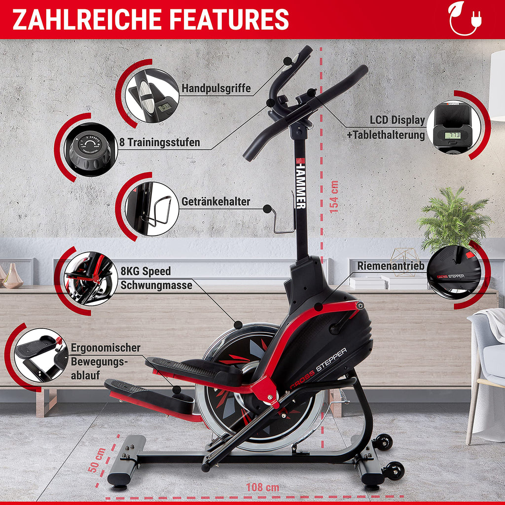 HAMMER Cross Stepper, Mix aus Crosstrainer- und Stepper-Workout, Tablet- und Smartphonehalterung, Fitness-Apps, max. Gewichtsbelastung 130 kg, 108 x 50 x 154 cm