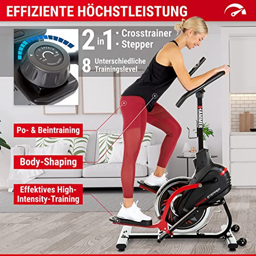 HAMMER Cross Stepper, Mix aus Crosstrainer- und Stepper-Workout, Tablet- und Smartphonehalterung, Fitness-Apps, max. Gewichtsbelastung 130 kg, 108 x 50 x 154 cm
