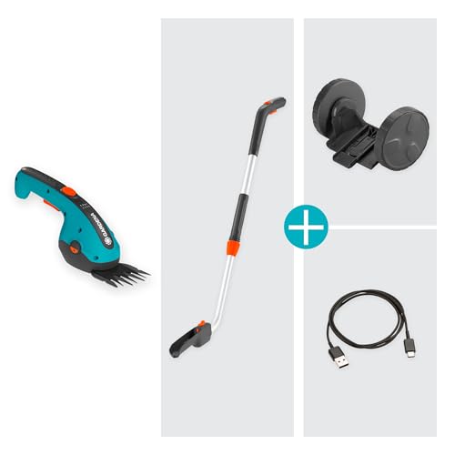 Gardena Set Akku-Grasschere ClassicCut Li: Rasenkantenschere mit 8 cm Schnittbreite und Teleskopstiel mit Rädern, Komforthandgriff mit LED-Ladezustandsanzeige, Messerwechsel ohne Werkzeug (9886-20)