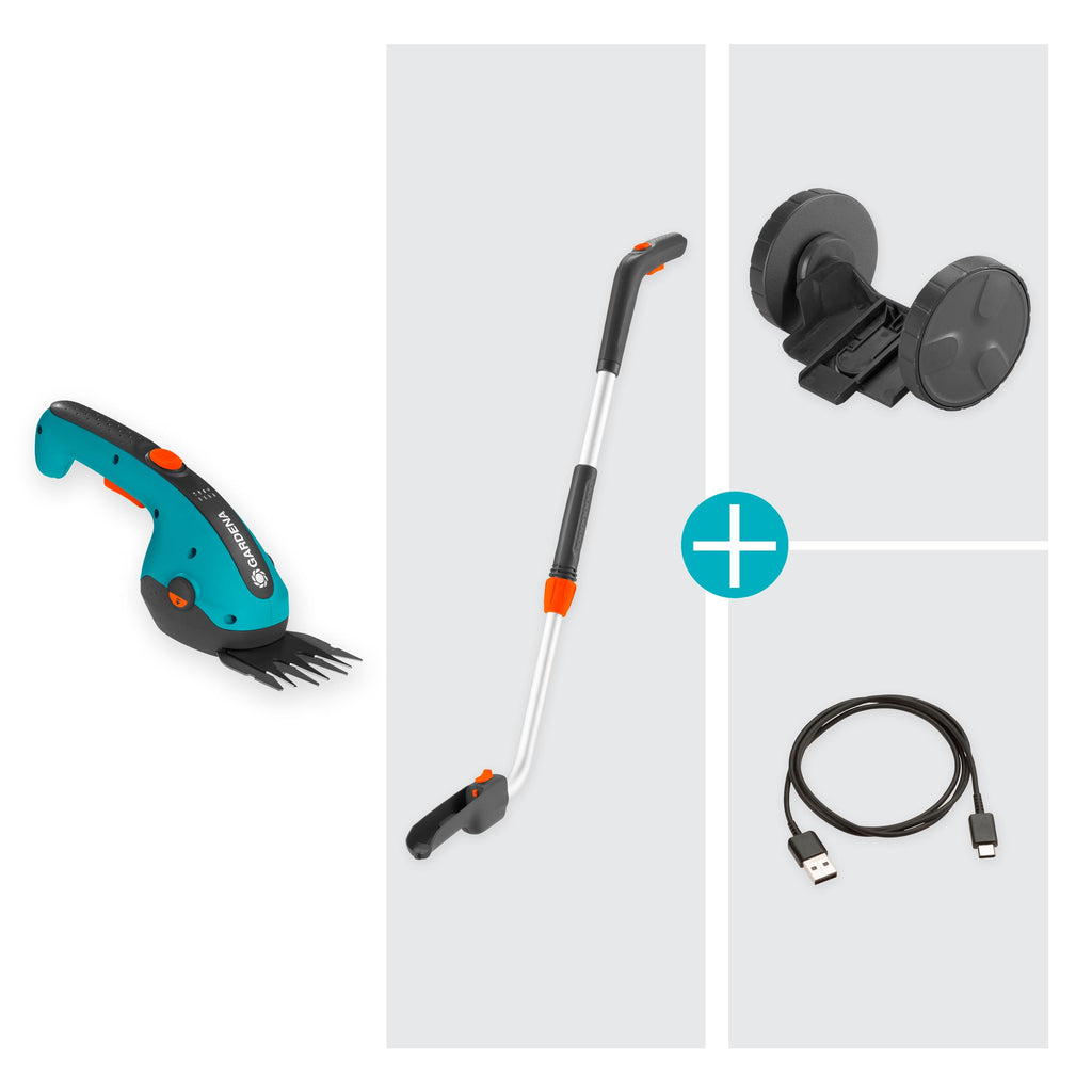 Gardena Set Akku-Grasschere ClassicCut Li: Rasenkantenschere mit 8 cm Schnittbreite und Teleskopstiel mit Rädern, Komforthandgriff mit LED-Ladezustandsanzeige, Messerwechsel ohne Werkzeug (9886-20)