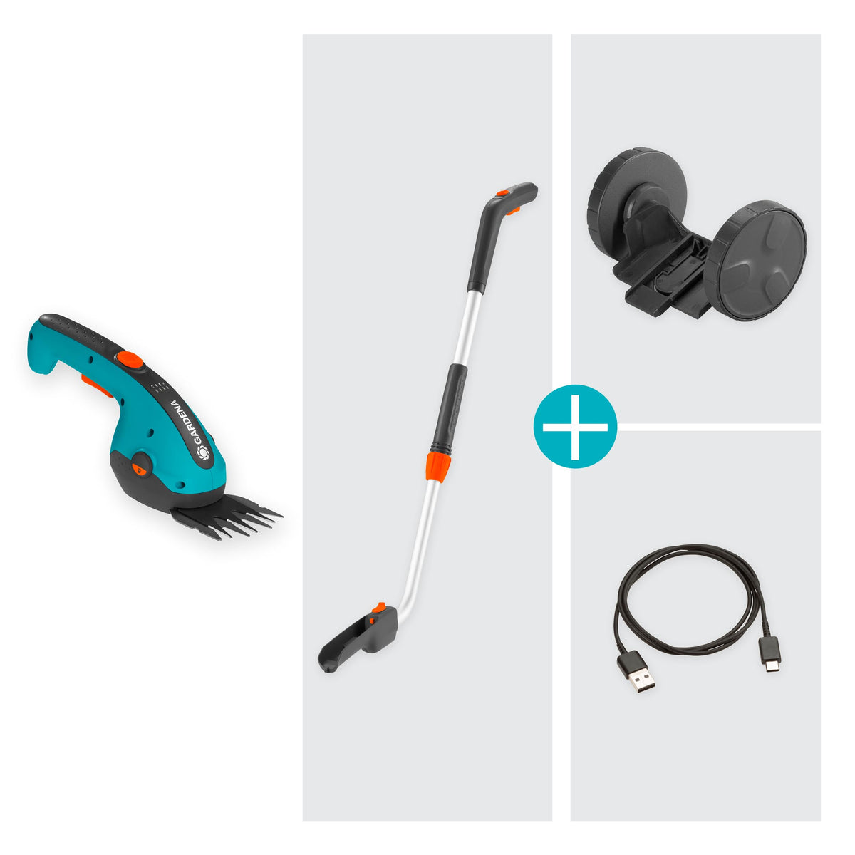 Gardena Set Akku-Grasschere ClassicCut Li: Rasenkantenschere mit 8 cm Schnittbreite und Teleskopstiel mit Rädern, Komforthandgriff mit LED-Ladezustandsanzeige, Messerwechsel ohne Werkzeug (9886-20)