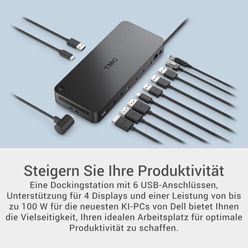 Dell Pro Dock WD25 – USB-C-Dockingstation mit 100W Ladeleistung, 4 Display-Support, 2X DP 1.4, HDMI 2.1, 6 USB-Ports, 2.5GbE Ethernet, Kompaktes Nachhaltigkeitsdesign