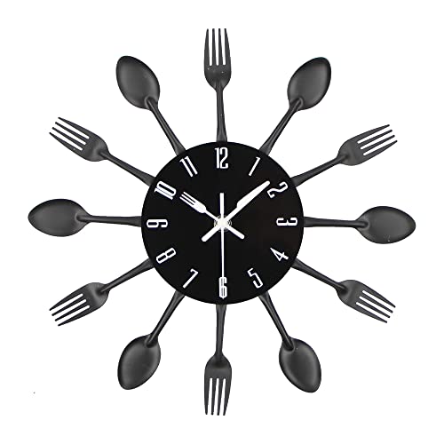 Timelike Edelstahl Küchenutensilien Uhr - Küche Besteck Wanduhr mit getönten Gabeln, Löffel, Spatel Design Küchenuhr mit für Küche Déco Indoor und Outdoor 12.6'' Schwarz