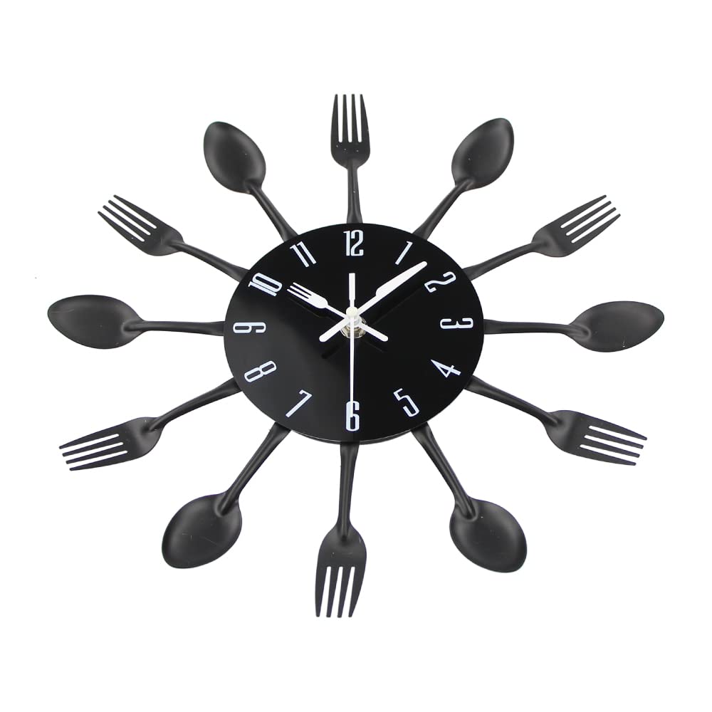 Timelike Edelstahl Küchenutensilien Uhr - Küche Besteck Wanduhr mit getönten Gabeln, Löffel, Spatel Design Küchenuhr mit für Küche Déco Indoor und Outdoor 12.6'' Schwarz