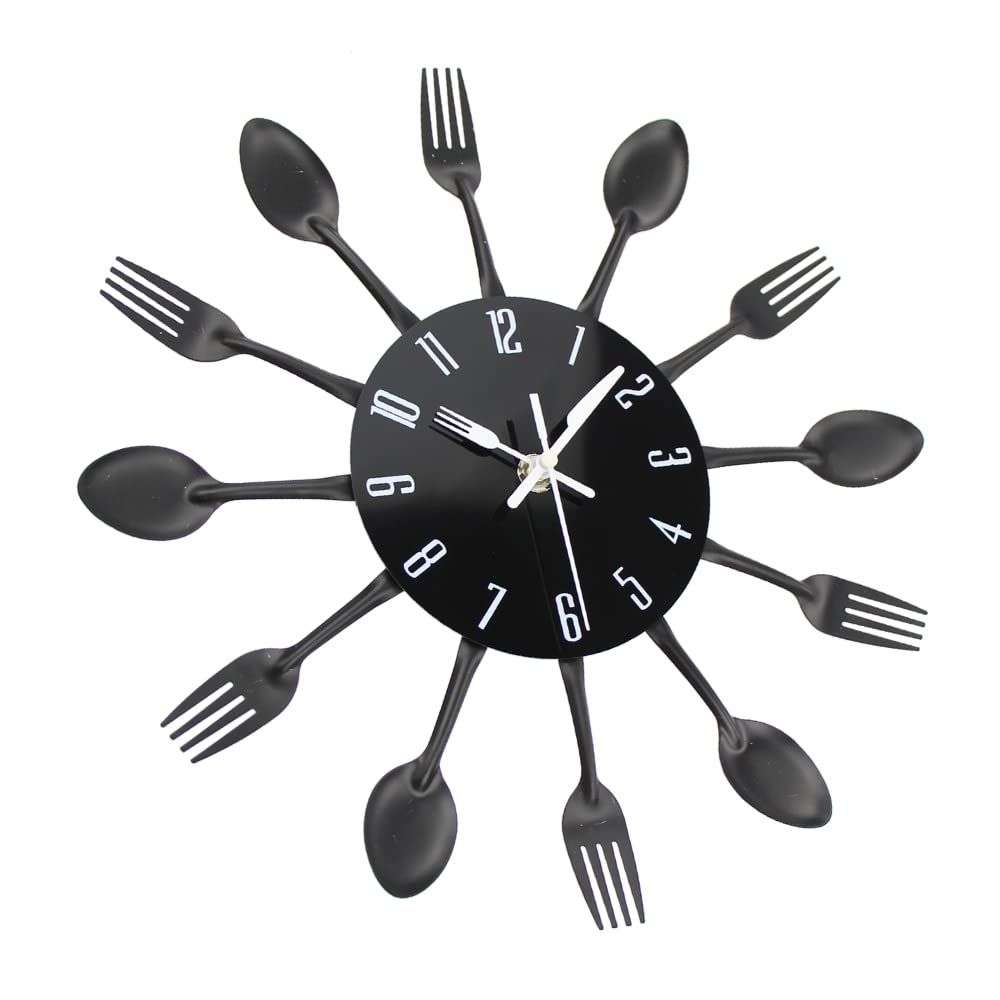 Timelike Edelstahl Küchenutensilien Uhr - Küche Besteck Wanduhr mit getönten Gabeln, Löffel, Spatel Design Küchenuhr mit für Küche Déco Indoor und Outdoor 12.6'' Schwarz