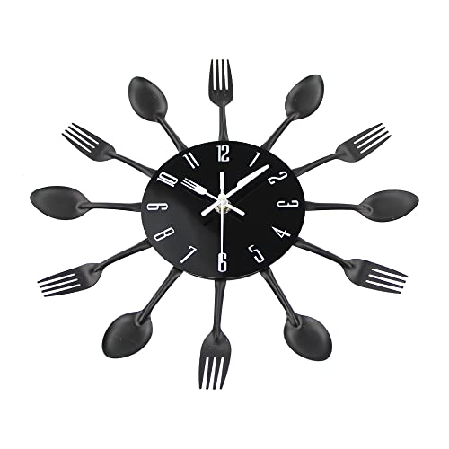 Timelike Edelstahl Küchenutensilien Uhr - Küche Besteck Wanduhr mit getönten Gabeln, Löffel, Spatel Design Küchenuhr mit für Küche Déco Indoor und Outdoor 12.6'' Schwarz