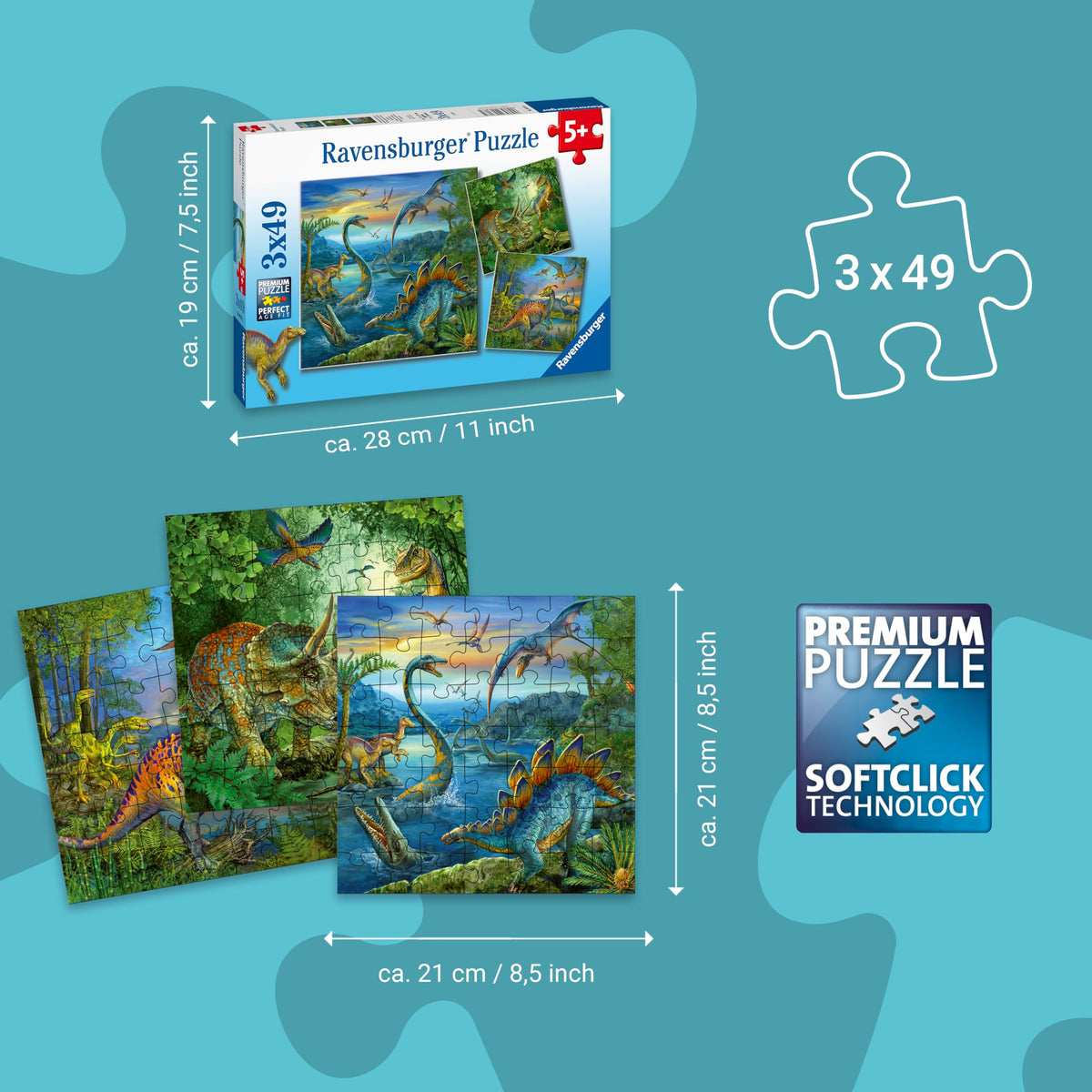 Ravensburger Puzzle Faszination Dinosaurier - 3x49 Teile Puzzle ab 5 Jahre