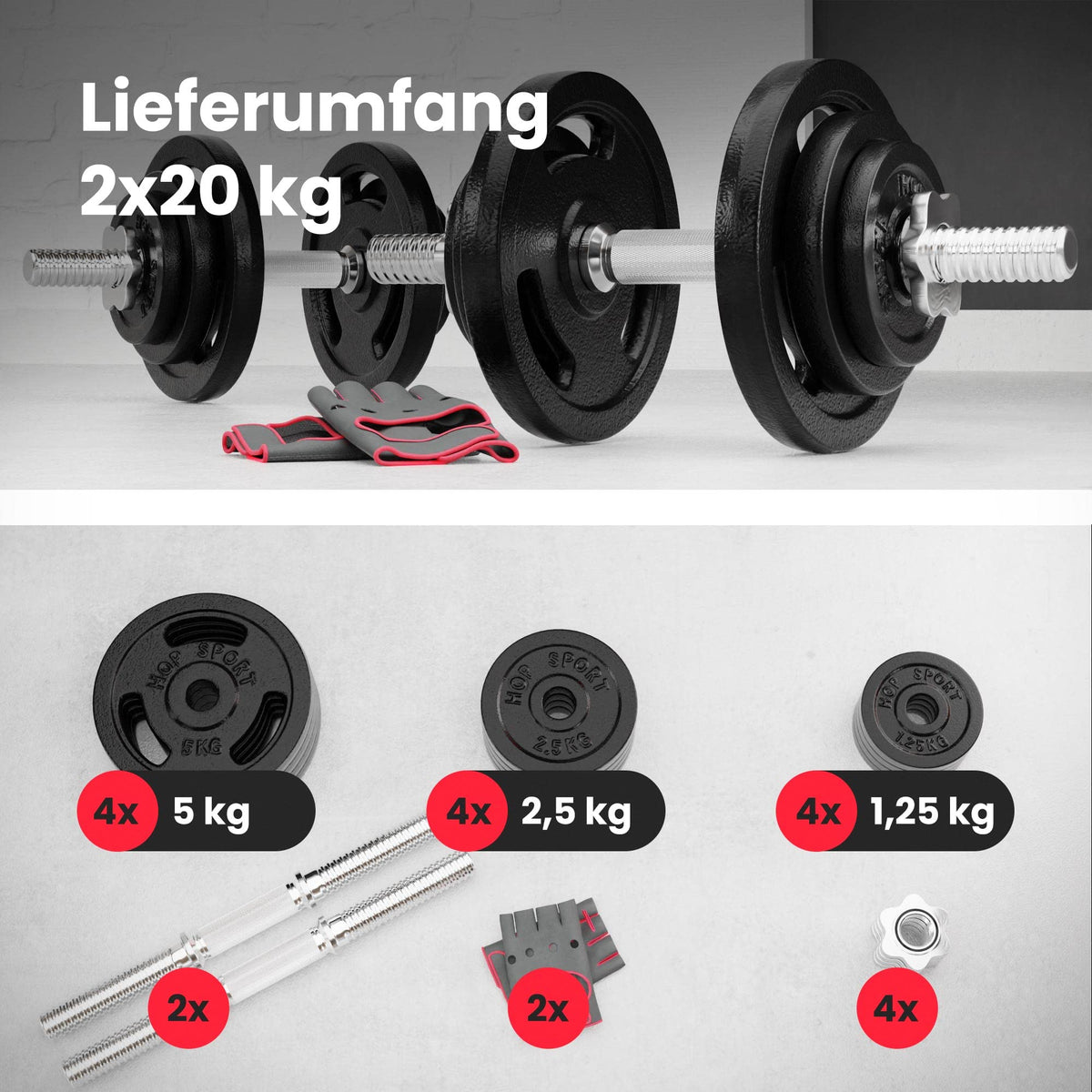 Hop-Sport Gusseisen Hantelscheiben Set 10kg bis 60kg mit 31 mm Lochdurchmesser, Neopren Handschuhen, Ideal für Standard 30mm Langhantelstangen, Robuste Gewichtsscheiben für Fitness- und Krafttraining