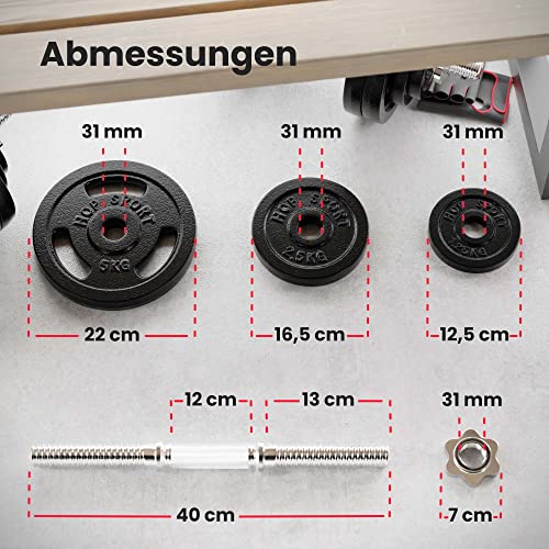 Hop-Sport Gusseisen Hantelscheiben Set 10kg bis 60kg mit 31 mm Lochdurchmesser, Neopren Handschuhen, Ideal für Standard 30mm Langhantelstangen, Robuste Gewichtsscheiben für Fitness- und Krafttraining