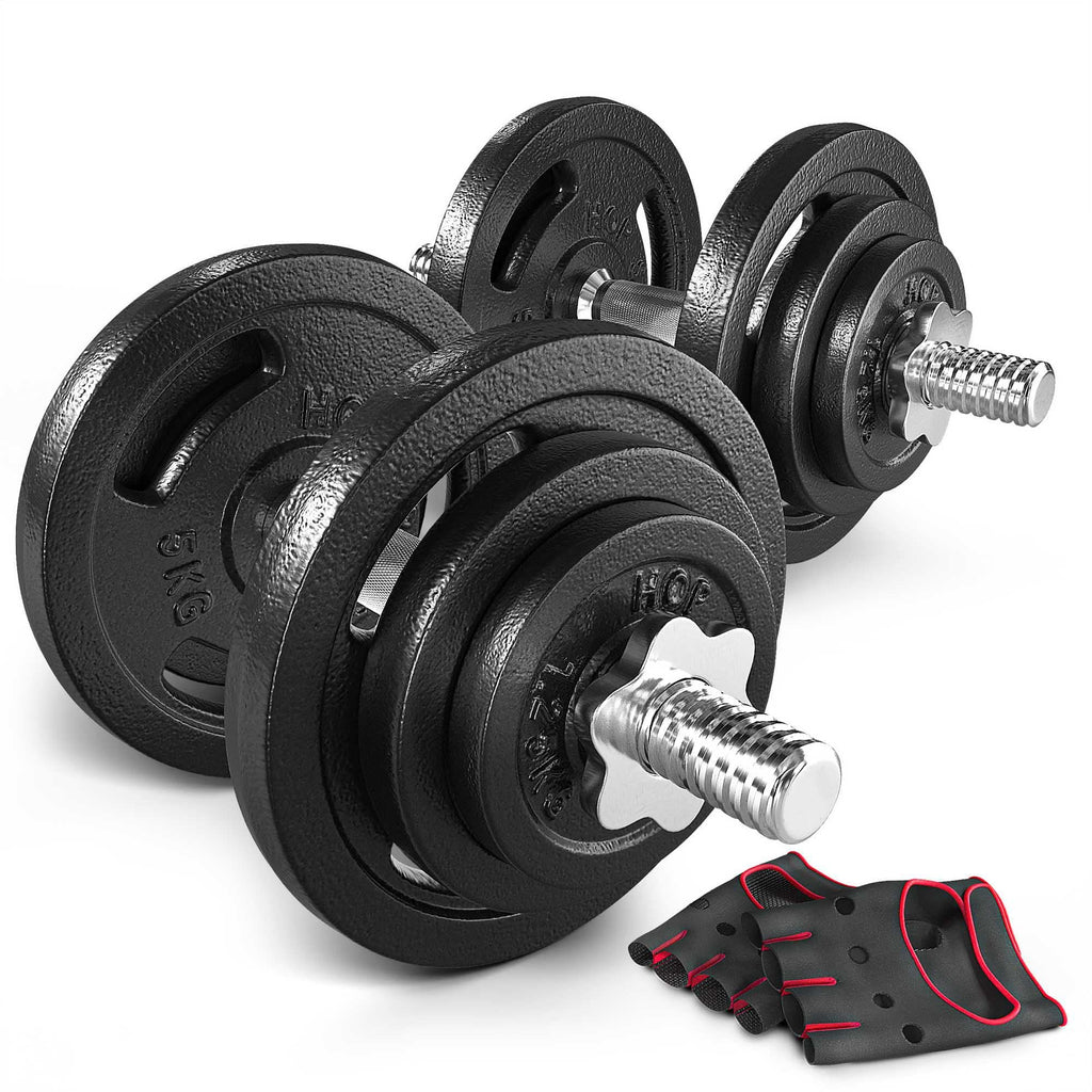 Hop-Sport Gusseisen Hantelscheiben Set 10kg bis 60kg mit 31 mm Lochdurchmesser, Neopren Handschuhen, Ideal für Standard 30mm Langhantelstangen, Robuste Gewichtsscheiben für Fitness- und Krafttraining
