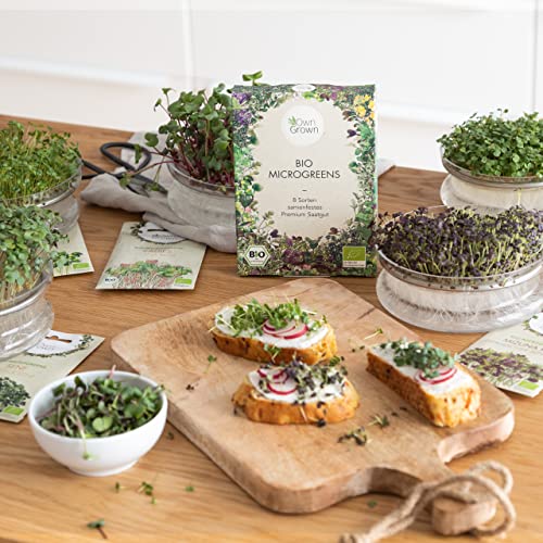 Microgreens Samen Set von OwnGrown - 8 Sorten BIO Sprossen und Mikrogrün Saatgut im Microgreens Starter Set - Alfalfa, Rucola, Kresse für Kresse Anzuchtschalen uvm - Sprossen Samen