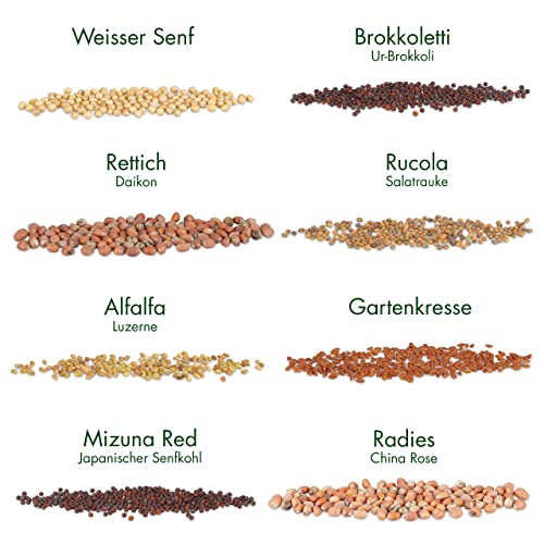 Microgreens Samen Set von OwnGrown - 8 Sorten BIO Sprossen und Mikrogrün Saatgut im Microgreens Starter Set - Alfalfa, Rucola, Kresse für Kresse Anzuchtschalen uvm - Sprossen Samen
