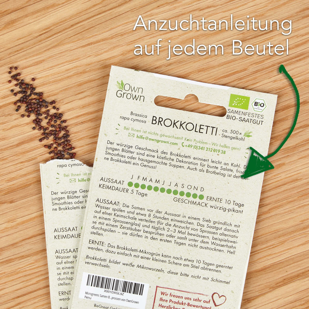 Microgreens Samen Set von OwnGrown - 8 Sorten BIO Sprossen und Mikrogrün Saatgut im Microgreens Starter Set - Alfalfa, Rucola, Kresse für Kresse Anzuchtschalen uvm - Sprossen Samen