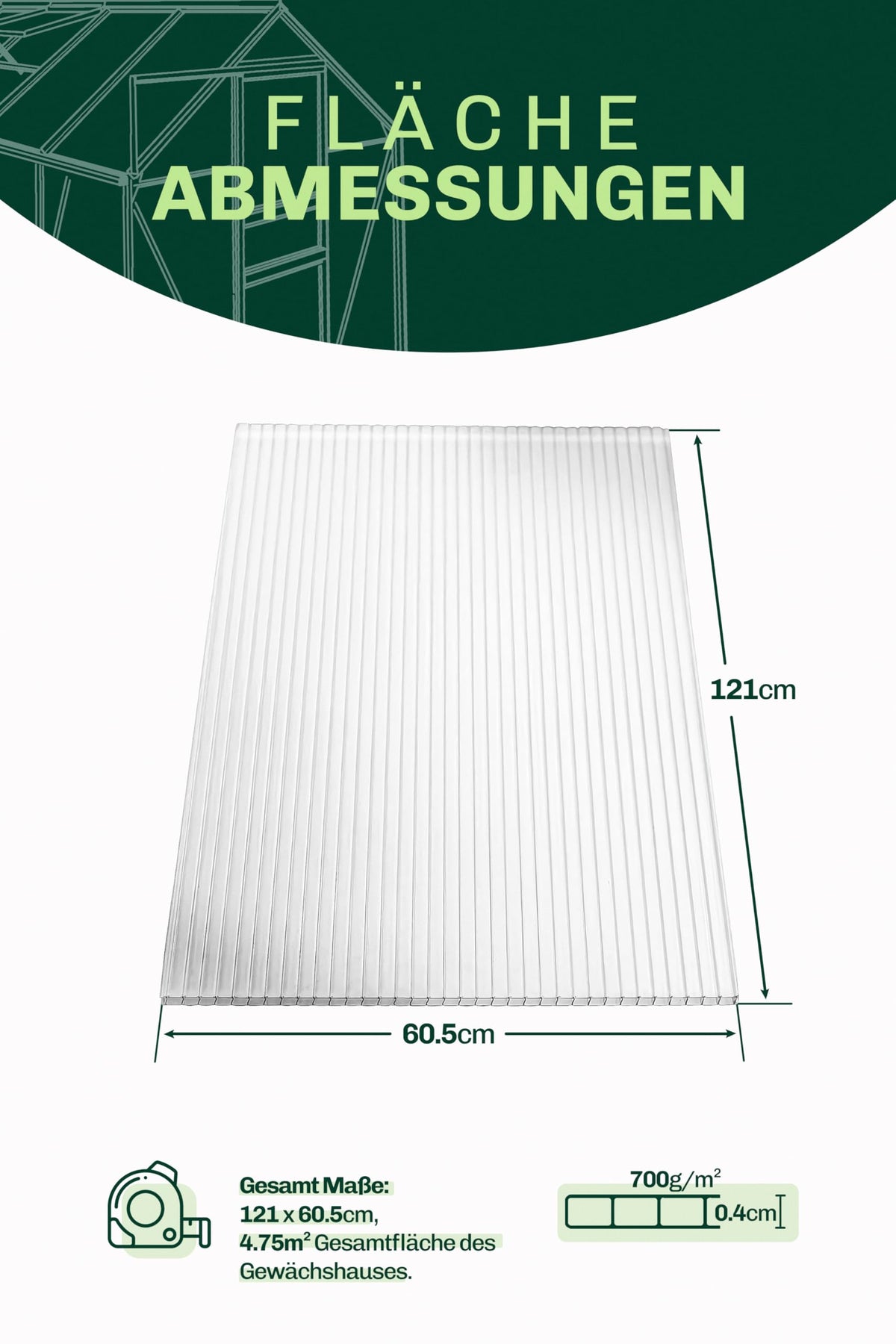 Hohlkammerplatten für Gewächshaus 60,5 x 121 cm - Polycarbonatplatten, Kunststoffplatten 4mm, Wetterfeste Gewächshausplatten, Polycarbonat Stegplatten, Transparentes & UV-beständige Wellplattendach