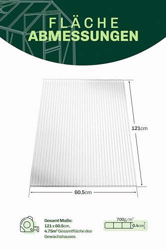 Hohlkammerplatten für Gewächshaus 60,5 x 121 cm - Polycarbonatplatten, Kunststoffplatten 4mm, Wetterfeste Gewächshausplatten, Polycarbonat Stegplatten, Transparentes & UV-beständige Wellplattendach