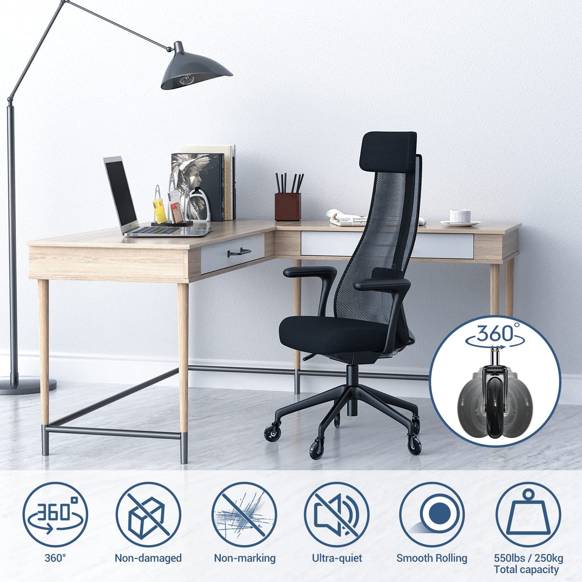 Rollen für Bürostuhl 10mm x 22 mm, 5er Set Bürostuhlrollen für Hartböden, Parkett, Teppich, Laminat und Fliesen - Nur Kompatibel mit IKEA Bürostühle