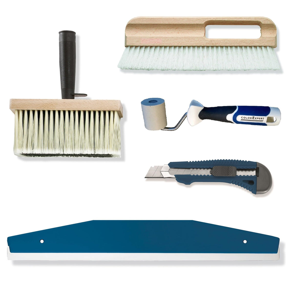 Tapezierset Vliestapete Tapezierwerkzeug Schneidehilfe, Tapezierwischer, Quast, Cutter, Nahtroller, 5-teilig