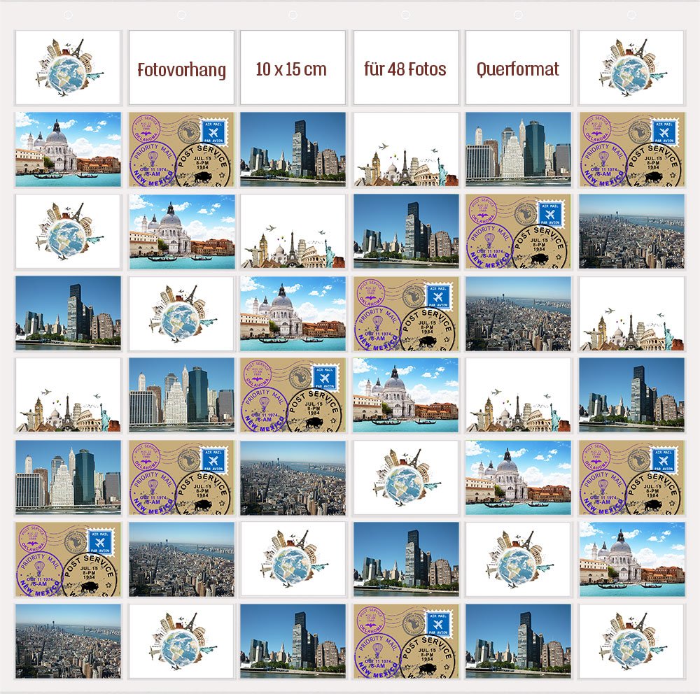 trendfinding® Fotovorhang 10x15cm Hoch und Querformat Foto Bilder Postkarten Format Fotowand Fotogalerie Fototaschen Fotohalter Taschenvorhang Fotos (48 Fotos Querformat 10x15)