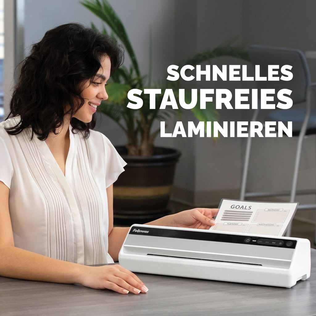 Fellowes Saturn A4 Laminiergerät fürs Büro – InstaHeat, 60 Sek. Aufwärmzeit, Staufreigabe, Auto-Abschaltung – für 80/100/125 Mikron – inkl. 10 Folien – für Zuhause & Büro
