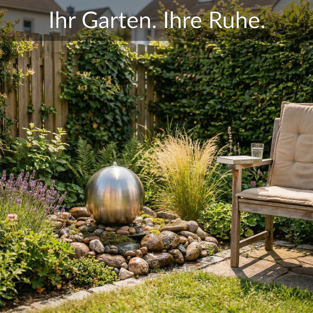 Kugelbrunnen aus matt gebürstetem Edelstahl D: 30 cm – Edelstahlkugel matt für Gartenbrunnen, Wasserspiel Garten, 30 mm Lochbohrung, 3/4 Zoll Schlauchanschluss, Edelstahlbrunnen für DIY Brunnenanlagen
