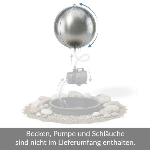 Kugelbrunnen aus matt gebürstetem Edelstahl D: 30 cm – Edelstahlkugel matt für Gartenbrunnen, Wasserspiel Garten, 30 mm Lochbohrung, 3/4 Zoll Schlauchanschluss, Edelstahlbrunnen für DIY Brunnenanlagen