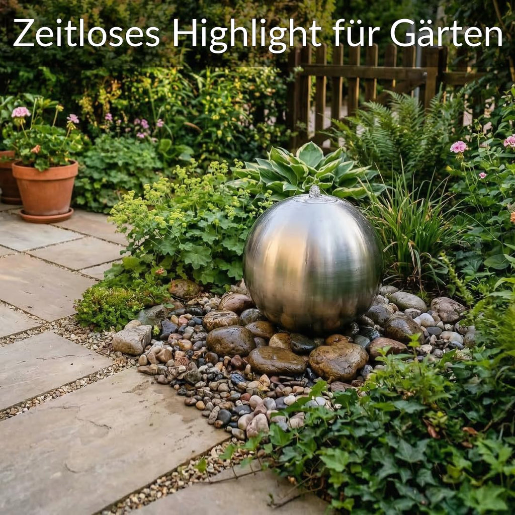 Kugelbrunnen aus matt gebürstetem Edelstahl D: 30 cm – Edelstahlkugel matt für Gartenbrunnen, Wasserspiel Garten, 30 mm Lochbohrung, 3/4 Zoll Schlauchanschluss, Edelstahlbrunnen für DIY Brunnenanlagen