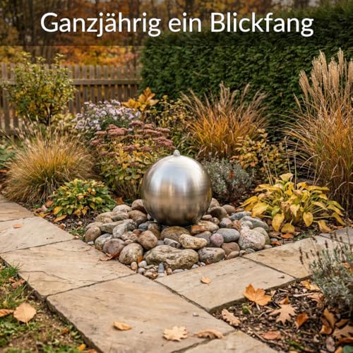 Kugelbrunnen aus matt gebürstetem Edelstahl D: 30 cm – Edelstahlkugel matt für Gartenbrunnen, Wasserspiel Garten, 30 mm Lochbohrung, 3/4 Zoll Schlauchanschluss, Edelstahlbrunnen für DIY Brunnenanlagen