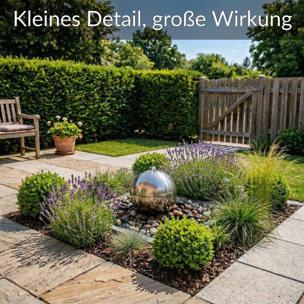 Kugelbrunnen aus matt gebürstetem Edelstahl D: 30 cm – Edelstahlkugel matt für Gartenbrunnen, Wasserspiel Garten, 30 mm Lochbohrung, 3/4 Zoll Schlauchanschluss, Edelstahlbrunnen für DIY Brunnenanlagen
